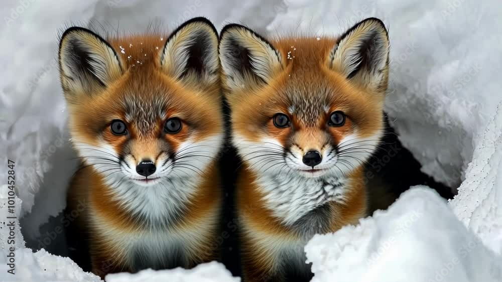 Two red foxes nestled together in snow, showcasing their playful and curious nature. Two red foxes nestled together in snow, showcasing their playful and curious nature.