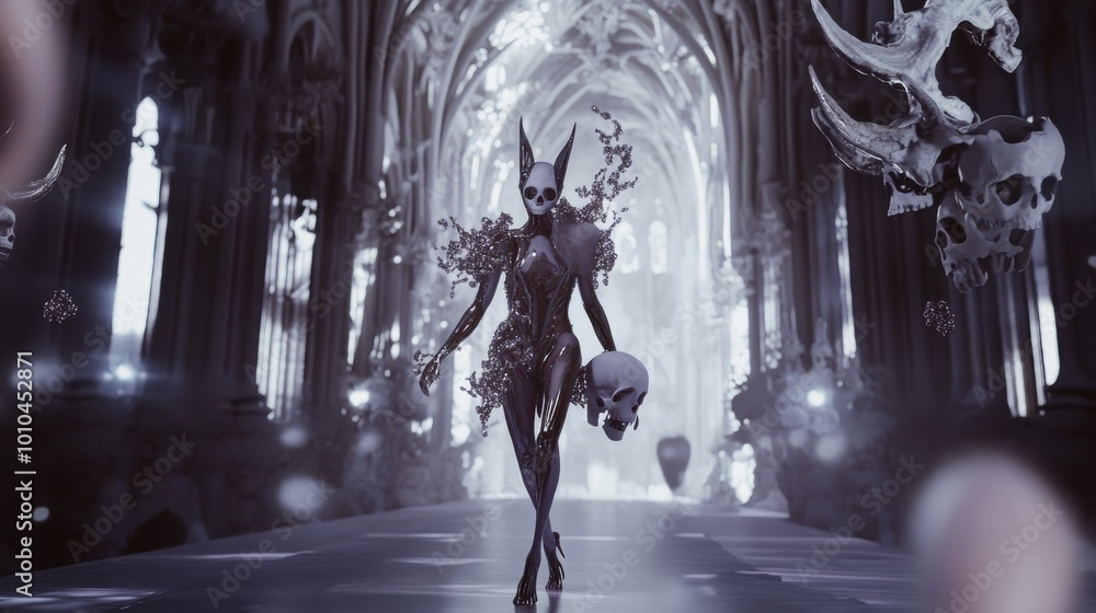 Female Demon in Porcelain with Cat Skulls Accents Female Demon in Porcelain with Cat Skulls Accents