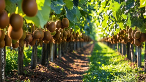 Rows of Kiwi Fruit Hanging from Vines in an Orchard photo