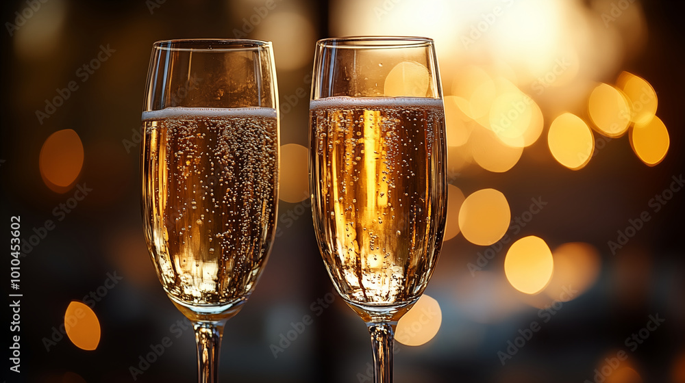 Two champagne flutes with bubbles, festive celebration Two champagne flutes with bubbles, festive celebration