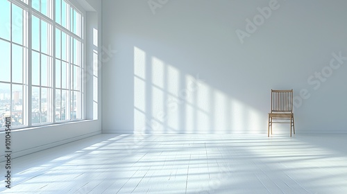 A solitary wooden chair sits in a minimalist room with a large window  casting a shadow of light on the white wall.