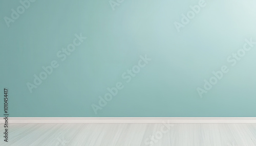 Minimalist turquoise wall with wooden floor, bright and airy space.