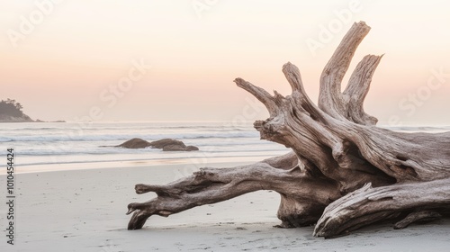 Gnarled Driftwood on Serene Beach at Sunset