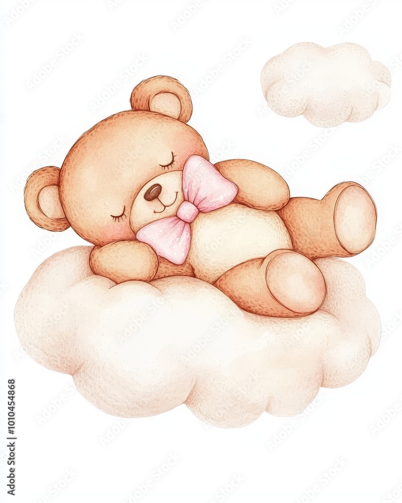 Fototapeta premium watercolor painting of a teddy bear with a pink bowtie sleeping on a cloud