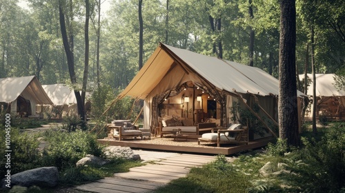 Glamping Tent with Wooden Deck and Patio Furniture in Forest