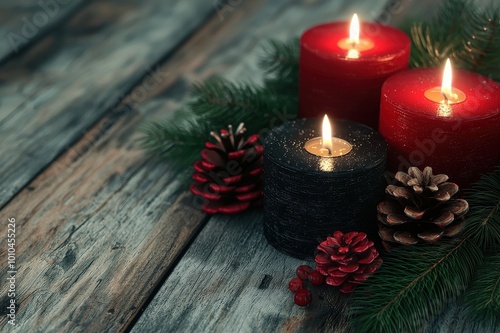 Festive candles with pinecones and greenery on rustic wooden surface.