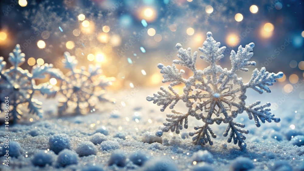 Close-up of snowflakes on a snowy surface, sparkling under magical lights, creating a enchanting winter atmosphere. Close-up of snowflakes on a snowy surface, sparkling under magical lights, creating a enchanting winter atmosphere.