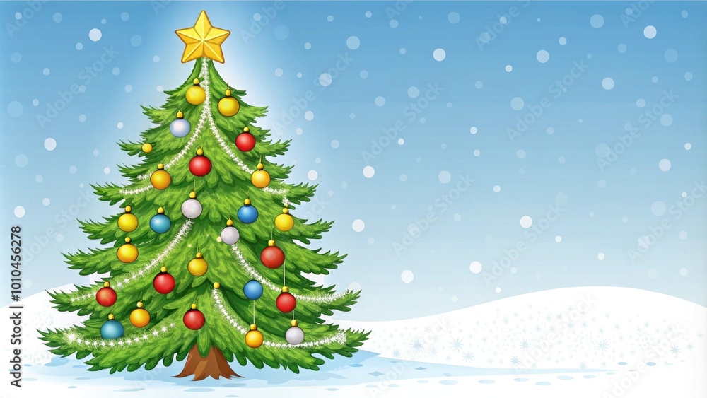 Christmas tree with ornaments and a star on top, surrounded by snowflakes in a winter landscape. Christmas tree with ornaments and a star on top, surrounded by snowflakes in a winter landscape.