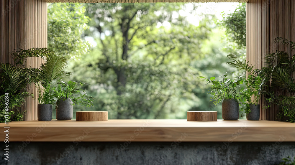 The empty wooden desk top with background of mountains The empty wooden desk top with background of mountains