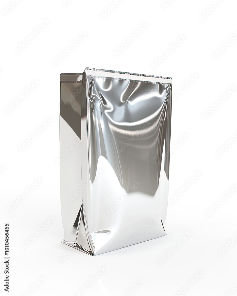 Small glossy silver bag with sharp edges, standing on white, sparkling highlights and soft shadows.