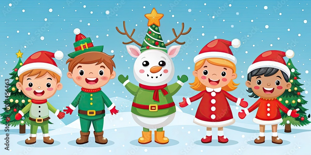 Cheerful children and a snowman celebrate Christmas in a winter wonderland, surrounded by Christmas trees and snowfall. Cheerful children and a snowman celebrate Christmas in a winter wonderland, surrounded by Christmas trees and snowfall.