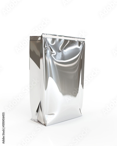Obraz na płótnie Small glossy silver bag with sharp edges, standing on white, sparkling highlights and soft shadows. w salonie