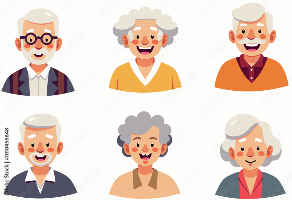Cheerful Senior Citizens: Vector Illustrations of Smiling Elderly Men and Women for Your Design Projects Cheerful Senior Citizens: Vector Illustrations of Smiling Elderly Men and Women for Your Design Projects