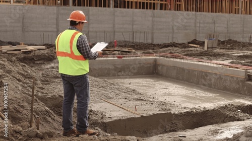 Construction Worker Inspecting Concrete Foundation