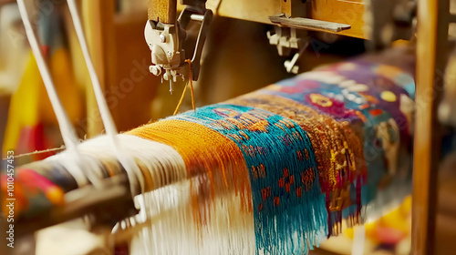 Colorful Yarn Weaving on Traditional Textile Machine photo