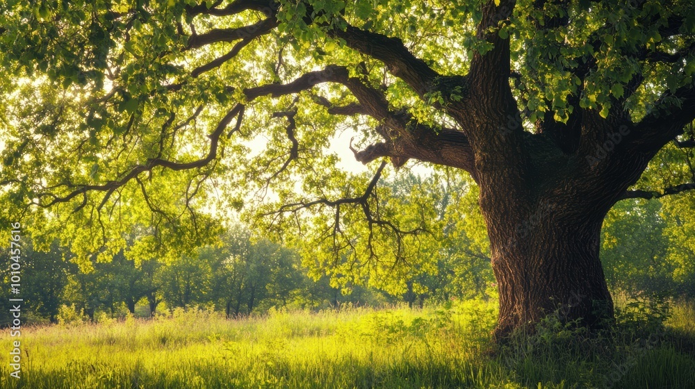 Fototapeta premium Majestic Oak Tree with Vibrant Green Leaves