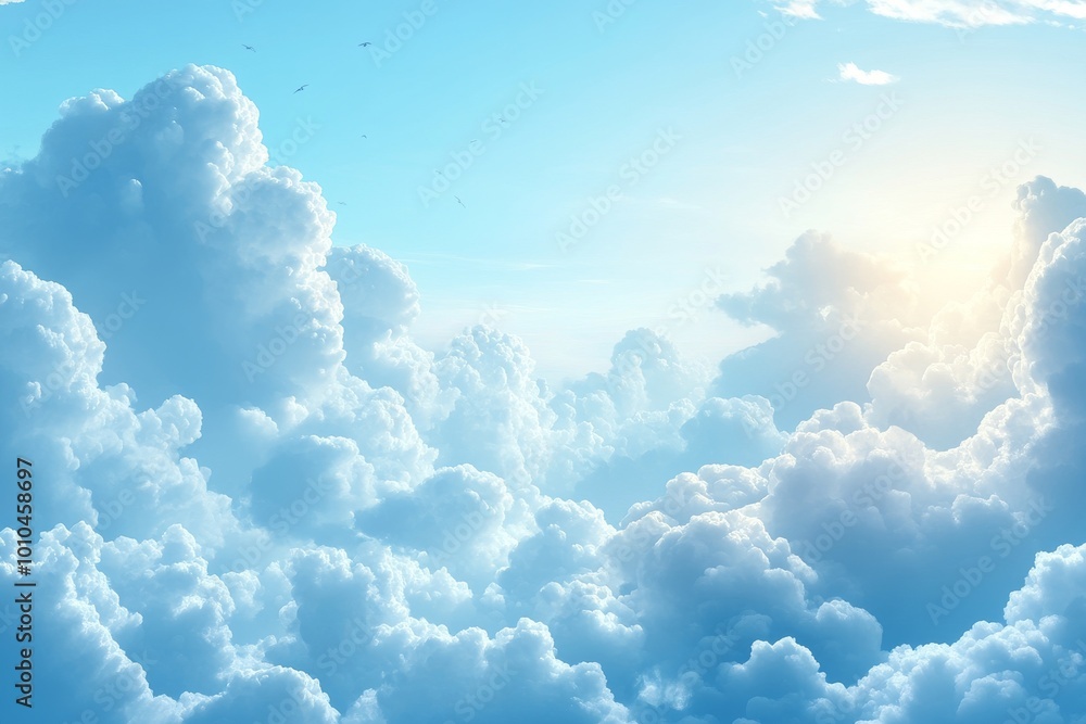 A panoramic view of a bright blue sky with fluffy white clouds, with the sun shining through. A panoramic view of a bright blue sky with fluffy white clouds, with the sun shining through.
