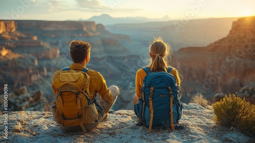 Two hikers enjoy a sunset view over a canyon, embracing nature's beauty.