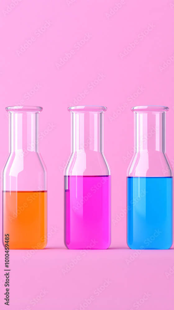 Three bottles of colored liquids are lined up on a pink background. The bottles are clear and the liquids inside are bright and vibrant. Concept of creativity and experimentation Three bottles of colored liquids are lined up on a pink background. The bottles are clear and the liquids inside are bright and vibrant. Concept of creativity and experimentation