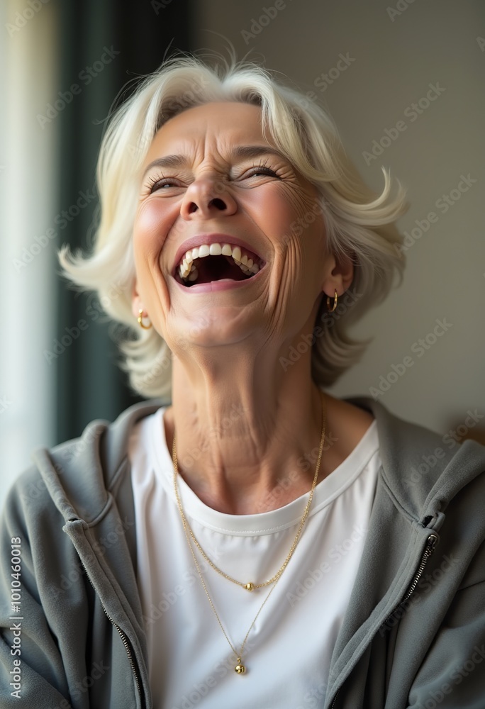 Happy Elderly Woman: Close-up Portrait with Genuine Laughter and Copy Space Happy Elderly Woman: Close-up Portrait with Genuine Laughter and Copy Space