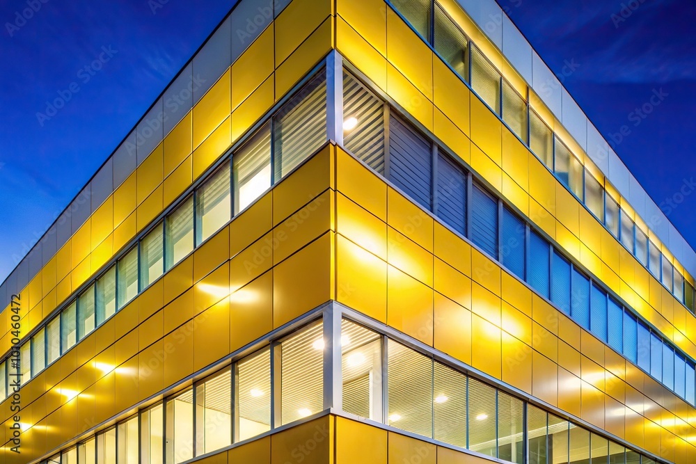 Extreme close-up of a yellow and white modern lit building at night Extreme close-up of a yellow and white modern lit building at night