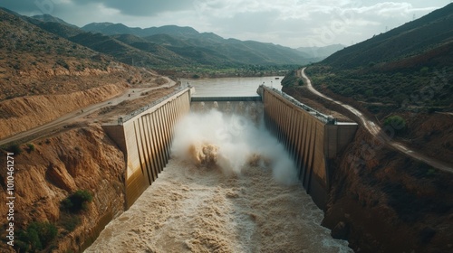 Dramatic view of a dam releasing water surrounded by mountains and cloudy skies. photo