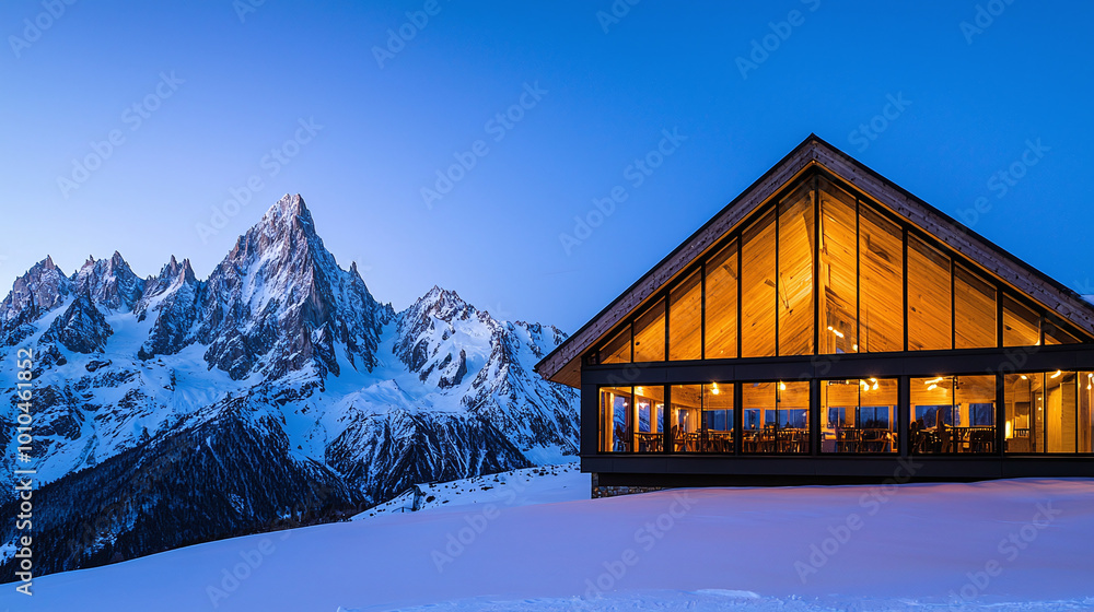 a modern wooden cabin nestled in snow-capped mountains, featuring expansive floor-to-ceiling windows a modern wooden cabin nestled in snow-capped mountains, featuring expansive floor-to-ceiling windows