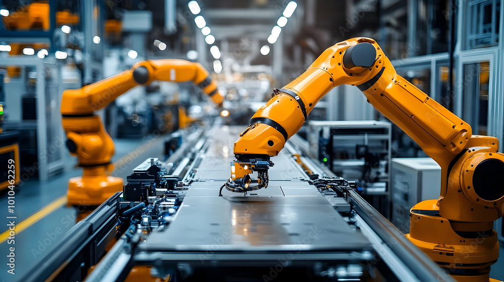 Industrial Robots Working on Assembly Line with Automation Industrial Robots Working on Assembly Line with Automation