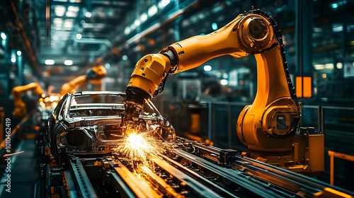 Robotics Welding Car Body on Assembly Line in Factory