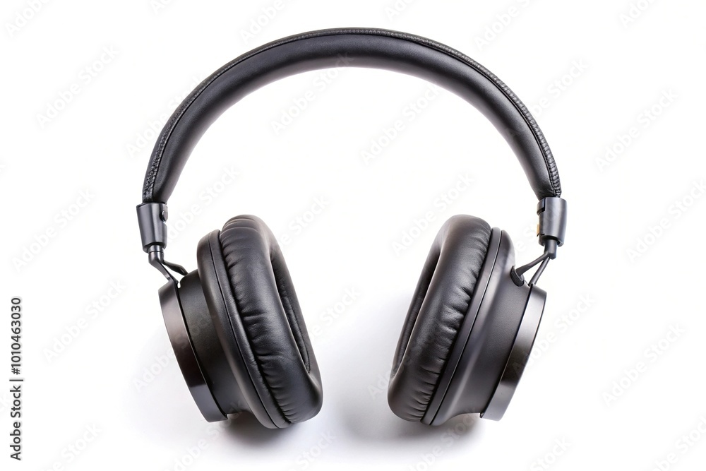 Extreme close-up of black headphones on white background Extreme close-up of black headphones on white background