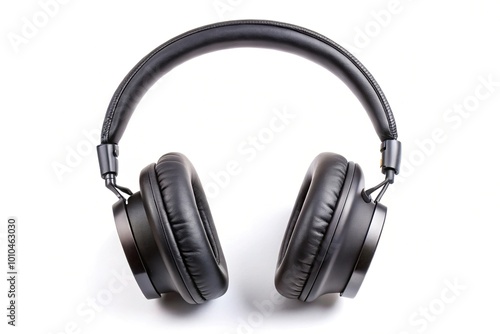 Extreme close-up of black headphones on white background