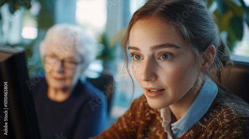 Close-up Portrait of a Young Woman Looking at a Computer Screen with an Elderly Woman Out of Focus in the Background