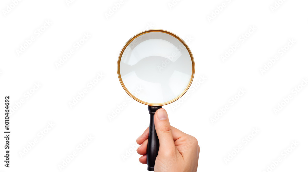 hand holding magnifying glass isolated on transparent white background, clipping path hand holding magnifying glass isolated on transparent white background, clipping path
