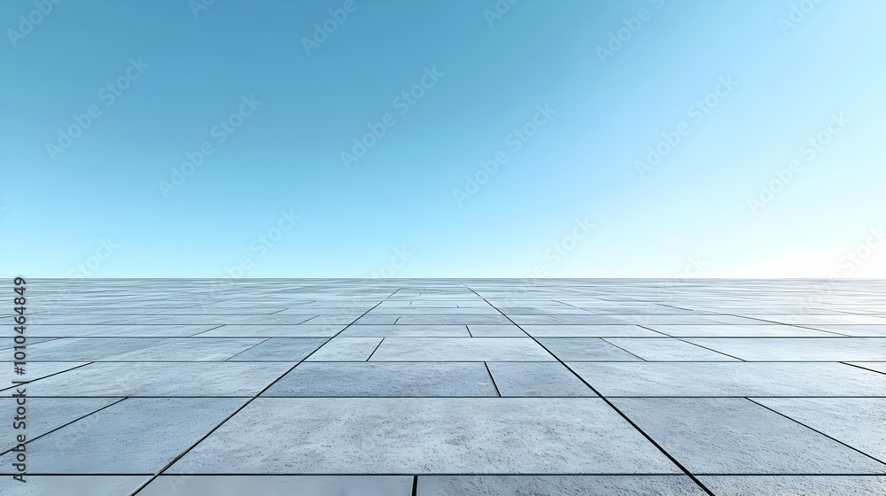 Perspective View of a Grey Tile Floor with a Clear Blue Sky in the Background Perspective View of a Grey Tile Floor with a Clear Blue Sky in the Background
