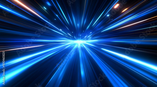 Abstract Blue and White Light Streaks Radiating Outward, Creating a Dynamic and Futuristic Background