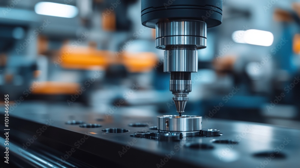 Modern CNC machine cutting precise metal parts in a manufacturing facility. Modern CNC machine cutting precise metal parts in a manufacturing facility.