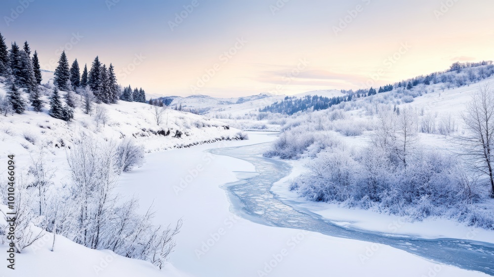 Serene Snowy Landscape with Frozen River Serene Snowy Landscape with Frozen River