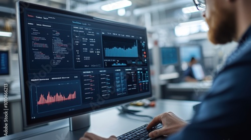 Wallpaper Mural Person analyzing data on a computer screen in a modern workspace. Torontodigital.ca
