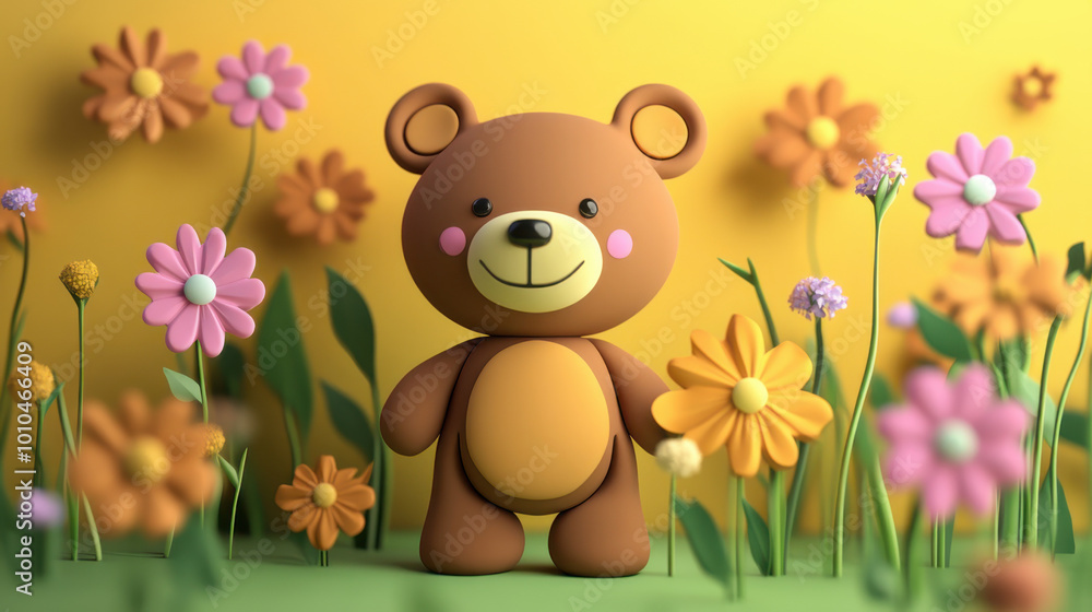 Adorable cute chibi bear cartoon character sitting on grass, surrounded by colorful flowers and leaves, with a bright smile and sparkling eyes. Adorable cute chibi bear cartoon character sitting on grass, surrounded by colorful flowers and leaves, with a bright smile and sparkling eyes.