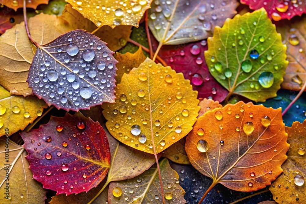 Extreme close-up of colorful aspen tree leaves on ground with sunlight and rainwater droplets Extreme close-up of colorful aspen tree leaves on ground with sunlight and rainwater droplets