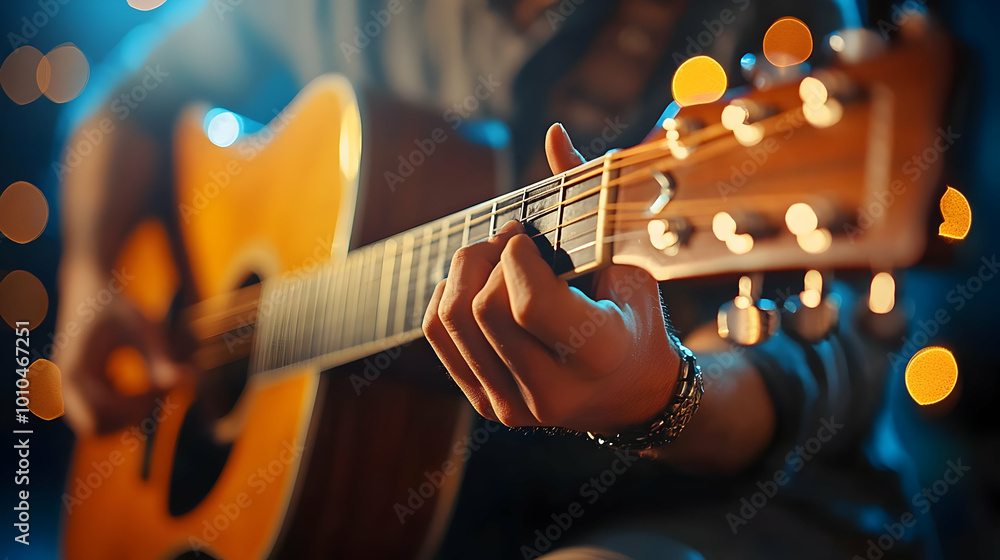 Fototapeta premium Close-up of a Hand Playing an Acoustic Guitar with a Bokeh Background of Warm Lights
