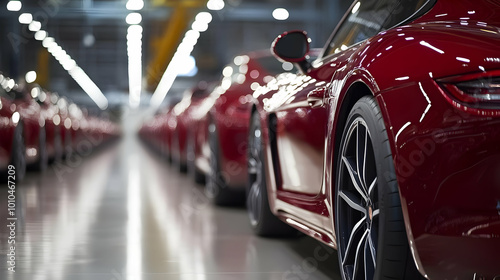 Red Sports Cars Lined Up In A Factory photo