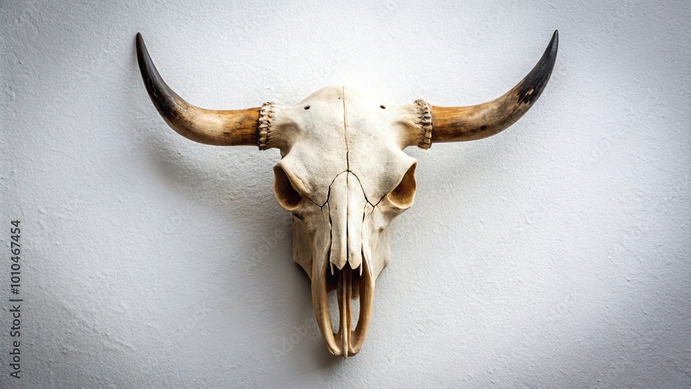 Fototapeta premium Extreme close-up of cow skull with horns displayed on white wall