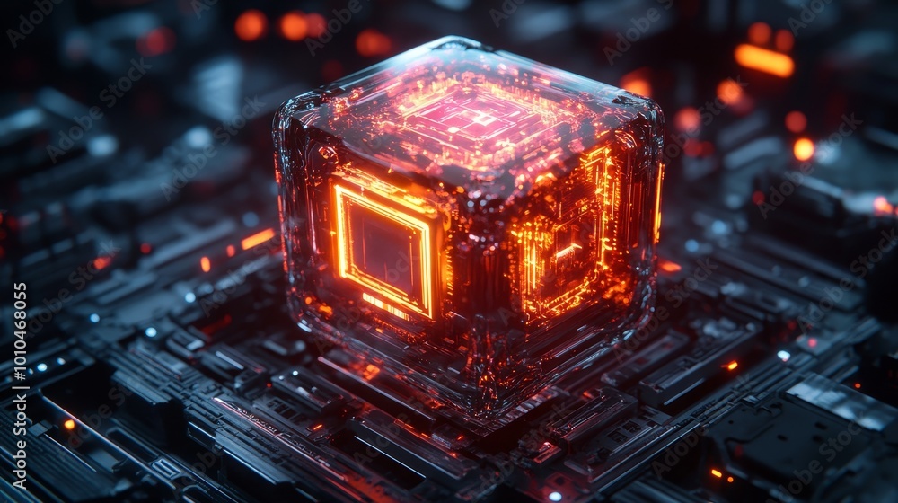 A glowing quantum computer unit, surrounded by flowing energy streams, suspended in a dark, high-tech environment with futuristic robotic elements A glowing quantum computer unit, surrounded by flowing energy streams, suspended in a dark, high-tech environment with futuristic robotic elements