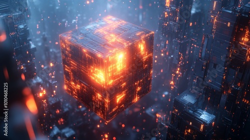 A glowing tech cube in a hyper-detailed futuristic cityscape, blue and orange tones emitting from its surface, perfect for sci-fi wallpaper and background