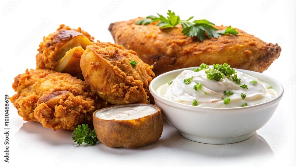 Extreme close-up of deep fried chicken with baked potato and tartar sauce on white background Extreme close-up of deep fried chicken with baked potato and tartar sauce on white background