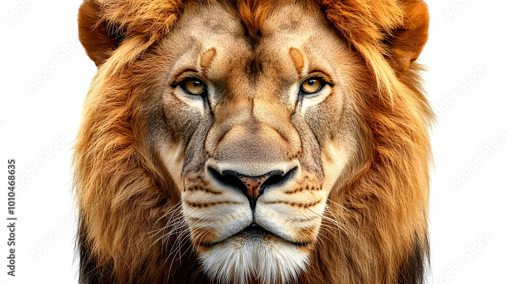 Fototapeta premium Close-up Portrait of a Majestic Lion with Intricate Fur and Sharp Eyes, Capturing the Essence of Wild Power and Noble Presence
