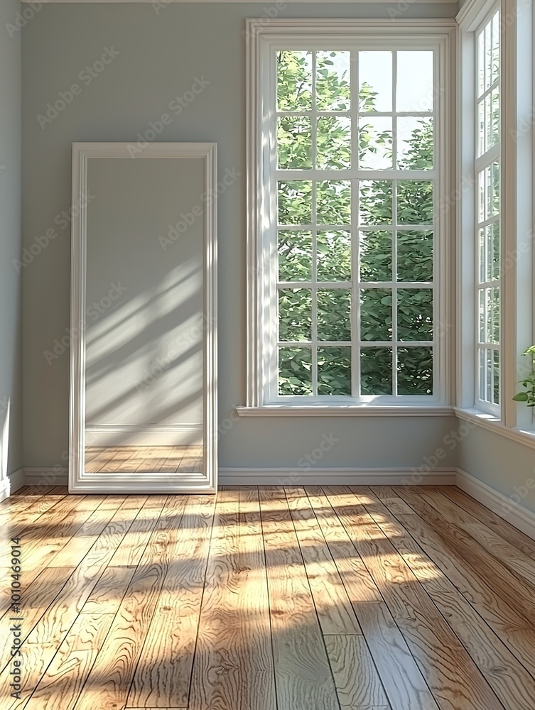 Fototapeta premium Sunlight streams through a large window, casting warm light on the hardwood floor in a bright and airy room.
