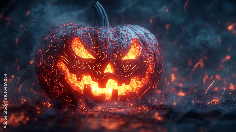 A Jack-o-lantern carved with intricate designs, flickering candlelight inside, surrounded by swirling sparks and mist, gothic atmosphere, digital painting, dark tones, eerie ambiance A Jack-o-lantern carved with intricate designs, flickering candlelight inside, surrounded by swirling sparks and mist, gothic atmosphere, digital painting, dark tones, eerie ambiance