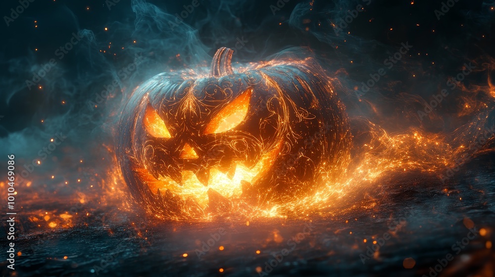 A Jack-o-lantern carved with intricate designs, flickering candlelight inside, surrounded by swirling sparks and mist, gothic atmosphere, digital painting, dark tones, eerie ambiance A Jack-o-lantern carved with intricate designs, flickering candlelight inside, surrounded by swirling sparks and mist, gothic atmosphere, digital painting, dark tones, eerie ambiance